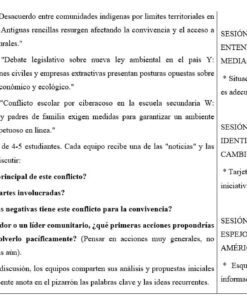 Un documento en español dividido en dos columnas: la izquierda enumera noticias sobre conflictos indígenas, debates medioambientales y ciberacoso, seguidas de preguntas sobre sus causas y soluciones. La derecha enumera temas de sesión para un taller.