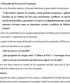 Captura de pantalla de una guía de actividades del proyecto en español, en la que se esboza el segundo reto para los equipos de estudiantes. Incluye una pregunta de proyecto en negrita sobre la promoción de una cultura de paz, preguntas orientativas e instrucciones para el debate en equipo.