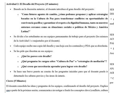 Captura de pantalla de una guía de actividades del proyecto en español, en la que se esboza el segundo reto para los equipos de estudiantes. Incluye una pregunta de proyecto en negrita sobre la promoción de una cultura de paz, preguntas orientativas e instrucciones para el debate en equipo.