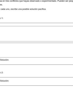 Hoja de ejercicios en español con espacios para escribir sobre tres conflictos y sus posibles soluciones pacíficas. Cada conflicto está numerado, seguido de líneas para describir el conflicto y su solución.