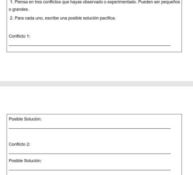 Hoja de ejercicios en español con espacios para escribir sobre tres conflictos y sus posibles soluciones pacíficas. Cada conflicto está numerado, seguido de líneas para describir el conflicto y su solución.