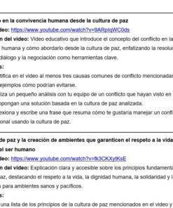 Documento en español con enlaces a vídeos educativos sobre conflictos, convivencia pacífica y respeto al medio ambiente. Incluye resúmenes y sugerencias de actividades para el aula relacionadas con estos temas.