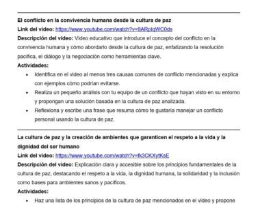 Documento en español con enlaces a vídeos educativos sobre conflictos, convivencia pacífica y respeto al medio ambiente. Incluye resúmenes y sugerencias de actividades para el aula relacionadas con estos temas.