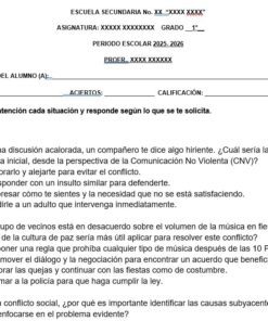 Una tarea escolar en español pide a los alumnos que reflexionen sobre situaciones de resolución de conflictos, como la comunicación no violenta, los problemas de ruido en el vecindario y los desacuerdos en grupo. Se incluyen espacios para nombres, fechas y calificaciones.