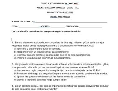 Una tarea escolar en español pide a los alumnos que reflexionen sobre situaciones de resolución de conflictos, como la comunicación no violenta, los problemas de ruido en el vecindario y los desacuerdos en grupo. Se incluyen espacios para nombres, fechas y calificaciones.