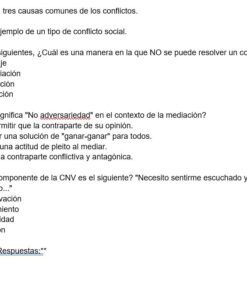 Hoja de ejercicios en español con preguntas 21-25 sobre conflictos sociales, mediación y comunicación no violenta, seguidas de una lista de respuestas de opción múltiple y una clave de respuestas en la parte inferior.