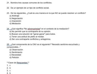 Hoja de ejercicios en español con preguntas 21-25 sobre conflictos sociales, mediación y comunicación no violenta, seguidas de una lista de respuestas de opción múltiple y una clave de respuestas en la parte inferior.