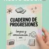 Una mano sostiene un cuaderno titulado "CUADERNO DE PROGRESIONES lengua y comunicación I 2025" con garabatos de libros, una cara sonriente y notas. Encima, el texto dice "NUEVO EBOOK" con un emoji de libro azul.