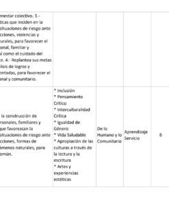 Una tabla en español resume un proyecto de prevención de riesgos, enumerando objetivos, habilidades y detalles del proyecto para el aprendizaje colaborativo, el desarrollo personal y el bienestar de la comunidad. Las columnas incluyen los objetivos, los temas clave y el título del proyecto.