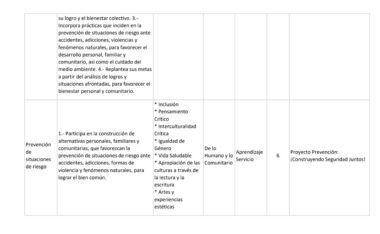 Una tabla en español resume un proyecto de prevención de riesgos, enumerando objetivos, habilidades y detalles del proyecto para el aprendizaje colaborativo, el desarrollo personal y el bienestar de la comunidad. Las columnas incluyen los objetivos, los temas clave y el título del proyecto.