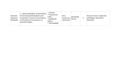 Tabla con siete columnas que enumeran: "Educación Integral en Sexualidad", objetivos sobre identidad y diversidad de género, inclusión, pensamiento crítico, igualdad de género, vida saludable, enfoque comunitario, aprendizaje a través del servicio y un proyecto de diversidad.