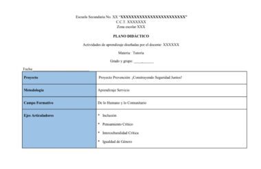 Tabla de un plan de clase con campos para la fecha, el proyecto, la metodología, el campo formativo y temas clave como la inclusión, el pensamiento crítico, la interculturalidad y los derechos humanos. Los datos del centro y de la clase aparecen en la parte superior.