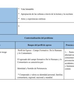 Cuadro en español que muestra un esquema curricular con seis sesiones. Enumera contenidos sobre la prevención de situaciones de riesgo, los rasgos del perfil del graduado y el proceso de aprendizaje, organizados en tres columnas y divididos por temas.
