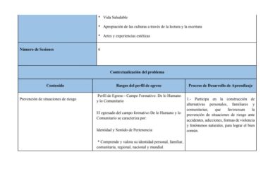 Cuadro en español que muestra un esquema curricular con seis sesiones. Enumera contenidos sobre la prevención de situaciones de riesgo, los rasgos del perfil del graduado y el proceso de aprendizaje, organizados en tres columnas y divididos por temas.