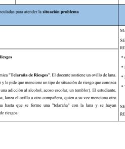 En una tabla se describen actividades y materiales para explorar los riesgos. Entre los materiales se incluyen hilo, bolas de papel y tarjetas pequeñas. La sesión comienza con la actividad 