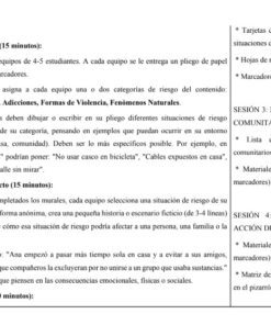 Programa del taller en español, en el que se detallan cuatro actividades: mural de riesgos, historias de impacto, debate y trabajo en grupo utilizando tarjetas de situación de riesgo, materiales de lluvia de ideas y herramientas de planificación para soluciones comunitarias.