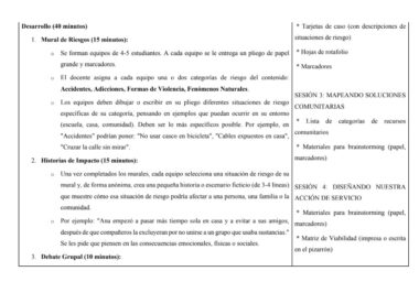 Programa del taller en español, en el que se detallan cuatro actividades: mural de riesgos, historias de impacto, debate y trabajo en grupo utilizando tarjetas de situación de riesgo, materiales de lluvia de ideas y herramientas de planificación para soluciones comunitarias.