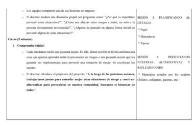 Una tabla de planificación de lecciones en español con puntos de discusión, actividades de cierre y materiales. Las secciones incluyen el compromiso inicial, preguntas de debate y temas de sesión como detalles de planificación y presentación de alternativas.