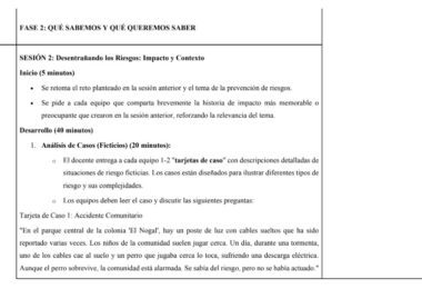 Un documento en español titulado "FASE 2: QUÉ SABEMOS Y QUÉ QUEREMOS SABER" detalla el programa de una sesión sobre análisis de riesgos, que incluye una introducción y un estudio de caso sobre el impacto de la iluminación en la seguridad de la comunidad.