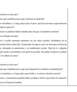 Una hoja de trabajo en español con preguntas sobre estudios de casos acerca de tipos de riesgo, impactos y factores contribuyentes, con un ejemplo específico sobre una niña llamada Sofía que sufre violencia en las redes sociales.
