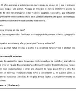 Un texto en español habla de un joven, Carlos, que empieza a vapear por influencia de sus compañeros. Se pide a los lectores que identifiquen los riesgos y los factores implicados, y se sugieren conexiones cartográficas para analizar la situación.