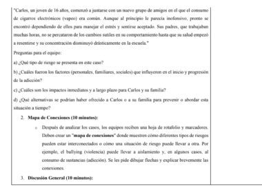 Un texto en español habla de un joven, Carlos, que empieza a vapear por influencia de sus compañeros. Se pide a los lectores que identifiquen los riesgos y los factores implicados, y se sugieren conexiones cartográficas para analizar la situación.