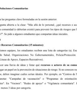 Captura de pantalla de un documento en español que describe una sesión de mapeo de soluciones comunitarias. Detalla los pasos introductorios, el calendario de actividades y las instrucciones para identificar los recursos y actores locales en las comunidades de los estudiantes.