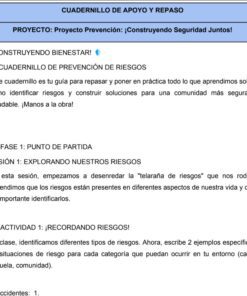 Captura de pantalla de un cuaderno de ejercicios en español sobre prevención de riesgos. Incluye una bienvenida, una introducción, la Fase 1 