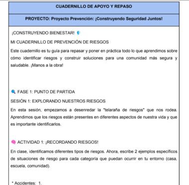 Captura de pantalla de un cuaderno de ejercicios en español sobre prevención de riesgos. Incluye una bienvenida, una introducción, la Fase 1 "Punto de partida" y una actividad sobre cómo recordar los riesgos, con ejemplos de categorías de riesgo para identificar.