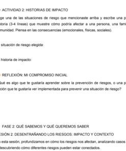 Captura de pantalla de una hoja de trabajo en español con actividades sobre situaciones de riesgo e historias de impacto, en la que se pide a los usuarios que escriban ejemplos, reflexionen sobre la prevención de riesgos y enumeren preguntas sobre los riesgos y el contexto.