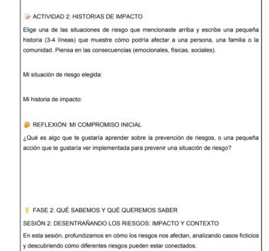 Captura de pantalla de una hoja de trabajo en español con actividades sobre situaciones de riesgo e historias de impacto, en la que se pide a los usuarios que escriban ejemplos, reflexionen sobre la prevención de riesgos y enumeren preguntas sobre los riesgos y el contexto.