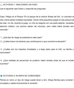 Captura de pantalla de una hoja de ejercicios en español con dos actividades. La Actividad 1 presenta un caso práctico sobre un columpio peligroso en un parque y plantea cuatro preguntas relacionadas. La Actividad 2 pide a los alumnos que dibujen un diagrama de flujo que relacione causas y consecuencias.