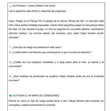 Captura de pantalla de una hoja de ejercicios en español con dos actividades. La Actividad 1 presenta un caso práctico sobre un columpio peligroso en un parque y plantea cuatro preguntas relacionadas. La Actividad 2 pide a los alumnos que dibujen un diagrama de flujo que relacione causas y consecuencias.