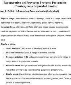 Un documento en español resume los pasos para crear un folleto de prevención personalizado, incluida la elección de un riesgo, la investigación y el diseño del folleto con título, descripción, consejos, elementos visuales y una reflexión.