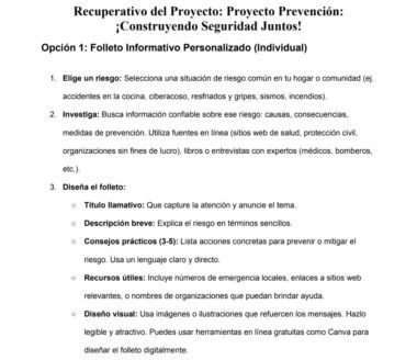Un documento en español resume los pasos para crear un folleto de prevención personalizado, incluida la elección de un riesgo, la investigación y el diseño del folleto con título, descripción, consejos, elementos visuales y una reflexión.