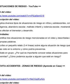 Captura de pantalla de un documento que enumera dos vídeos de YouTube sobre situaciones de riesgo y prevención de accidentes para niños, con enlaces a los vídeos, descripciones e instrucciones de actividades relacionadas en español.
