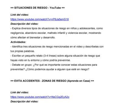 Captura de pantalla de un documento que enumera dos vídeos de YouTube sobre situaciones de riesgo y prevención de accidentes para niños, con enlaces a los vídeos, descripciones e instrucciones de actividades relacionadas en español.