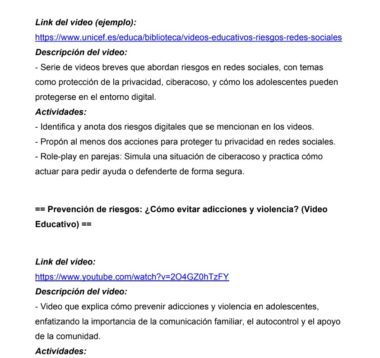 Captura de pantalla de un documento educativo con enlaces a vídeos de YouTube, descripciones y actividades sobre los riesgos de las redes sociales, el ciberacoso y las acciones para prevenir las adicciones y la violencia en entornos digitales.