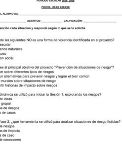 Una hoja de ejercicios en español con preguntas sobre violencia, situaciones de riesgo y análisis de la sesión, que incluye secciones de opción múltiple y de respuestas cortas para que los alumnos las completen.