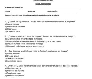 Una hoja de ejercicios en español con preguntas sobre violencia, situaciones de riesgo y análisis de la sesión, que incluye secciones de opción múltiple y de respuestas cortas para que los alumnos las completen.
