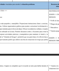 Una tabla presenta las estrategias de enseñanza para alumnos con TDAH, enumerando las adaptaciones (por ejemplo, dividir las tareas, utilizar ayudas visuales, permitir descansos) y los materiales de la sesión (ovillo de hilo, papeles grandes, rotuladores, tarjetas de preguntas).