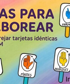 Cartel brillante con coloridas ilustraciones de manos que muestran el lenguaje de signos mexicano para los días de la semana (Lunes, Martes, Miércoles, Jueves, Viernes). El texto dice: "Días para Saborear. Emparejar tarjetas idénticas en LSM".