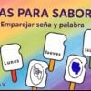 Días para saborear; memorama para aprender los días de la semana en LSM 3 Fondo colorido con cinco tarjetas. Tres muestran los días de la semana en español: