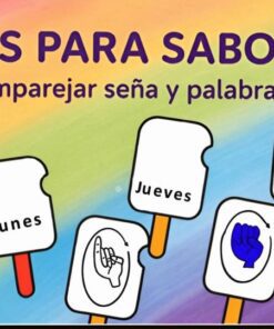 Fondo colorido con cinco tarjetas. Tres muestran los días de la semana en español: 