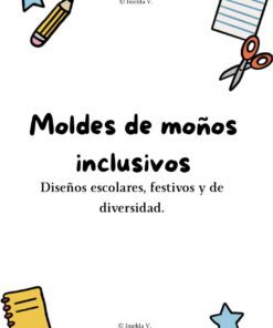 Portada titulada "Moldes de moños inclusivos. Diseños escolares, festivos y de diversidad" con imágenes prediseñadas de temática escolar: lápiz, tijeras, blocs de notas y estrellas sobre fondo blanco.