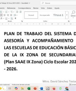 Captura de pantalla de un documento Word titulado "PLAN DE TRABAJO DEL SISTEMA DE ASESORÍA Y ACOMPAÑAMIENTO A LAS ESCUELAS DE EDUCACIÓN BÁSICA DE LA IX ZONA DE SECUNDARIAS. Ciclo Escolar 2025-2026". El nombre del autor aparece a continuación.