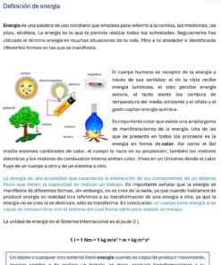 Una página de un libro de texto en español explica la definición de energía con diagramas y texto, mostrando tipos de energía como la nuclear, la electromagnética, la térmica y la mecánica, así como una ecuación que relaciona julios, newtons y metros.