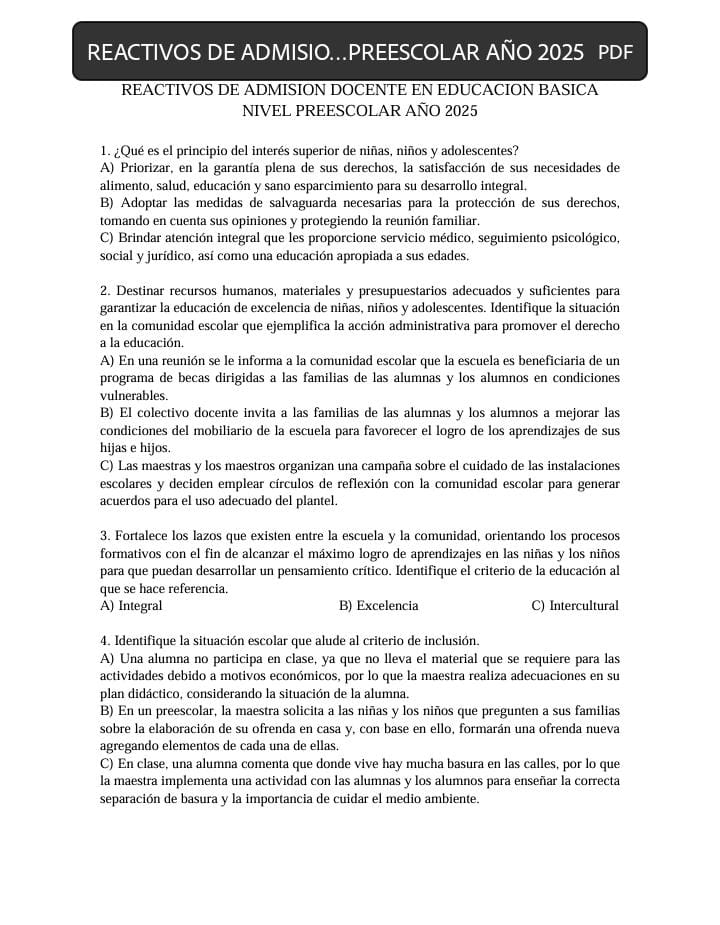 REACTIVOS DE ADMISION DOCENTE EN EDUCACION BASICA NIVEL PREESCOLAR AÑO 2025 1 REACTIVOS DE ADMISION DOCENTE EN EDUCACION BASICA NIVEL PREESCOLAR AÑO 2025
