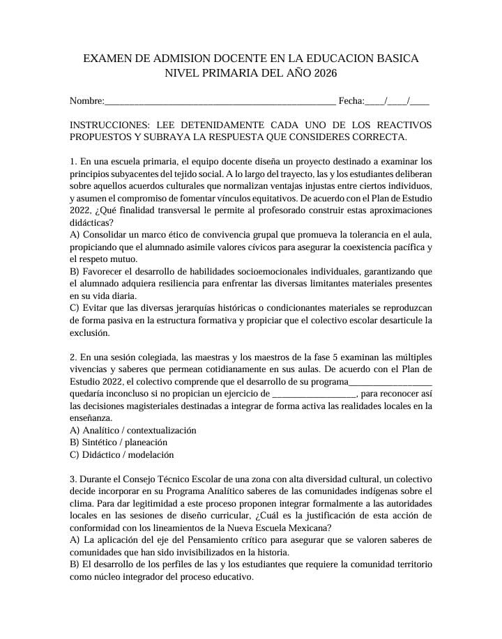 EXAMEN DE ADMISION DOCENTE EN LA EDUCACION BASICA NIVEL PRIMARIA 2026 1 EXAMEN DE ADMISION DOCENTE EN LA EDUCACION BASICA NIVEL PRIMARIA 2026