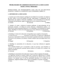 PROBLEMARIO DE ADMISION DOCENTE EN LA EDUCACION BASICA NIVEL PRIMARIA